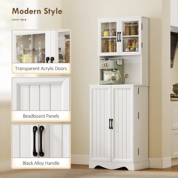 White pantry cabinet with glass doors, 8 door shelves and space for a coffee maker