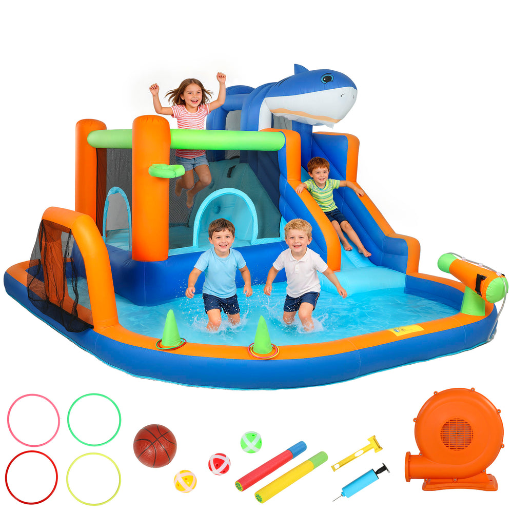 Château gonflable pour enfants, thème requins, avec toboggan et piscine, pour intérieur et extérieur, bleu