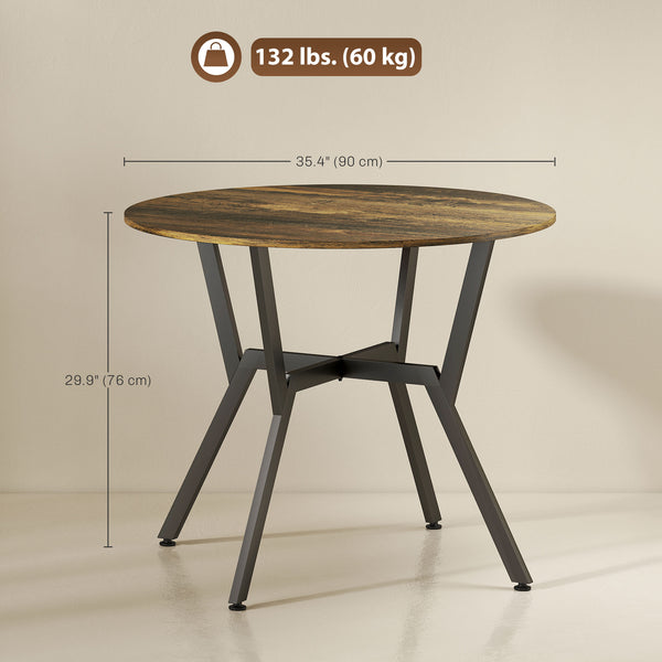 Modern round dining table with steel frame, rustic brown 