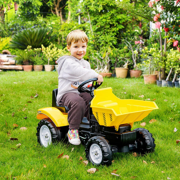 Pedal tractor with hand-operated bucket, yellow