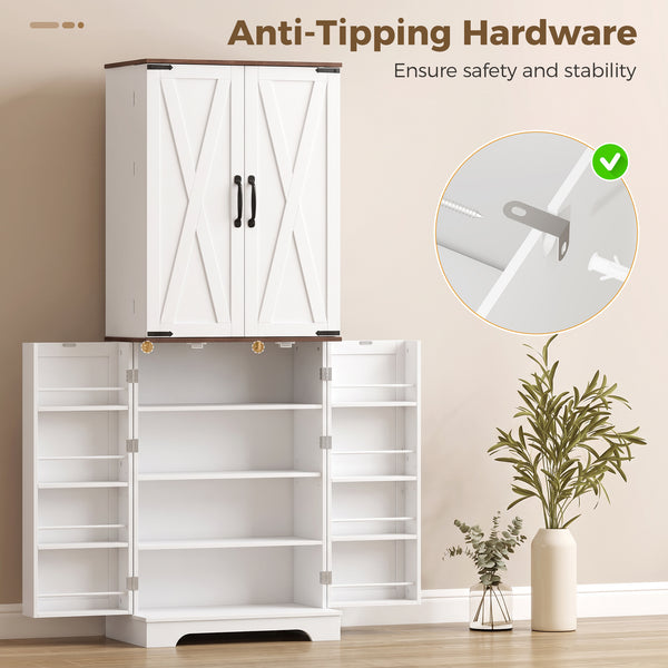 Farmhouse-style tall pantry with 2 cabinets, door, and adjustable shelves, white