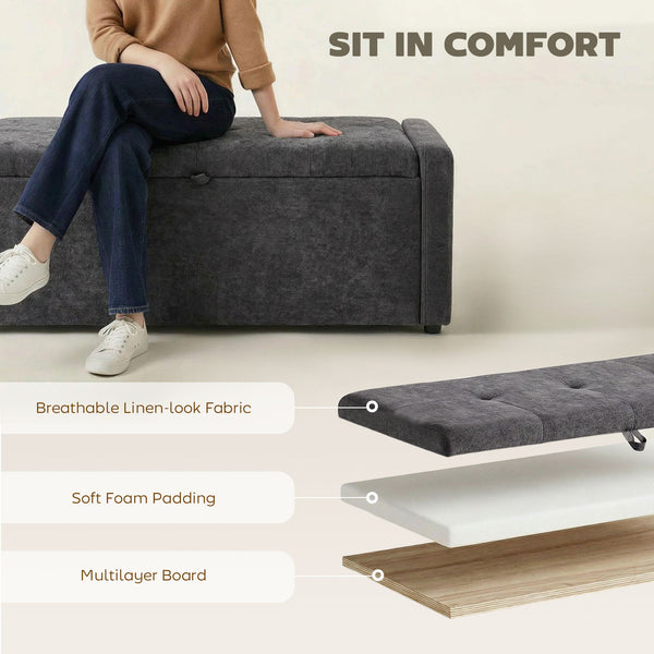 Storage bench ottoman with linen-look fabric upholstery, wide padded seat, dark grey