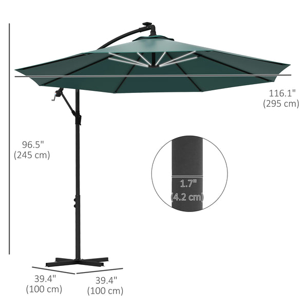 10-foot cantilever parasol with solar LED lighting, green