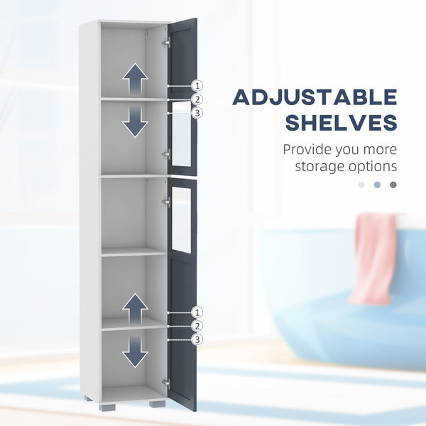 Bathroom storage cabinet with frosted glass doors and 5-tier shelves, white and gray