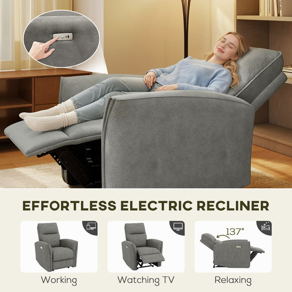 Electric reclining chair, fabric upholstery, USB ports, footrest, grey