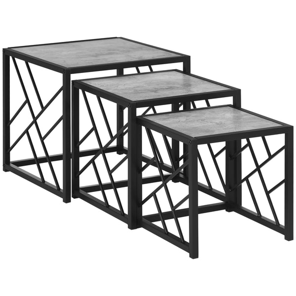 Set of 3 square nesting tables with metal frame, gray