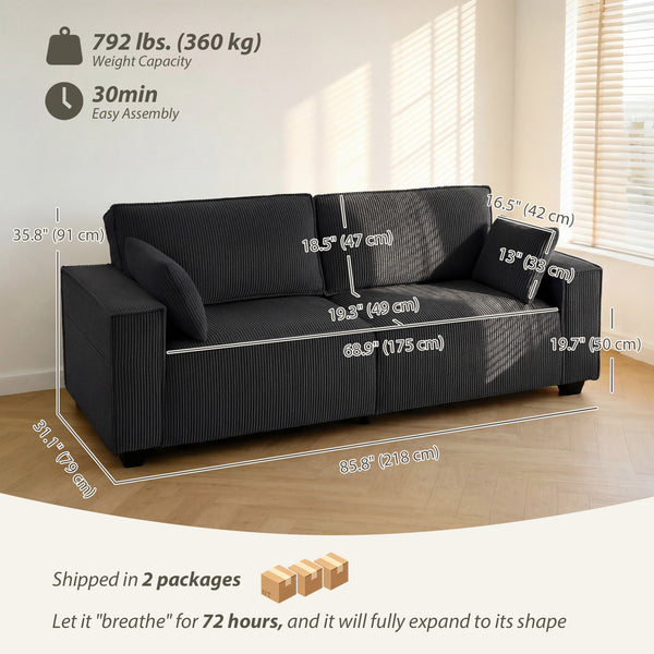 3-seater sofa, modern corduroy upholstery, dark gray