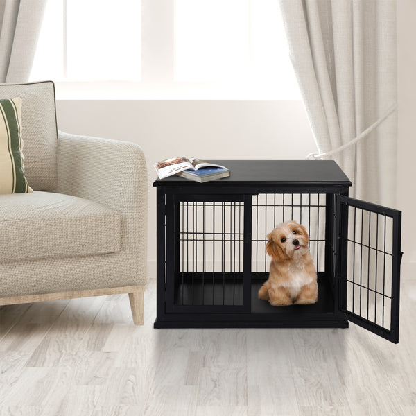 26-inch Wooden Double Door Dog Crate, Black