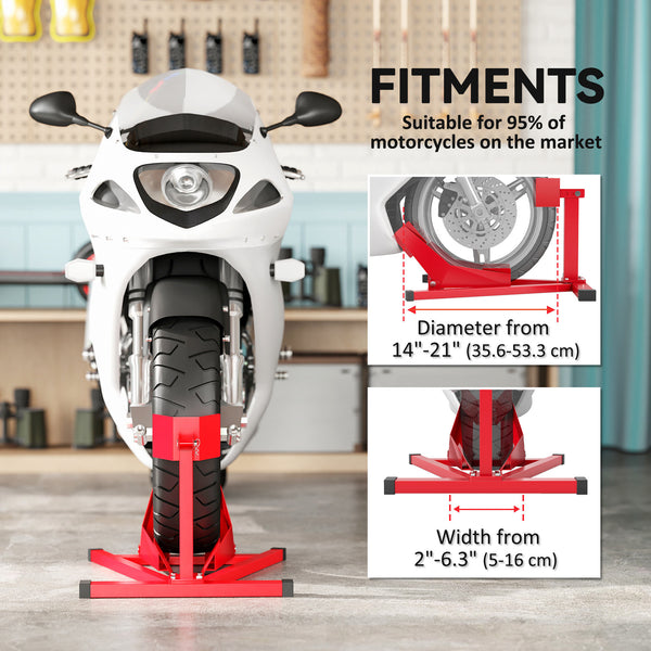 Heavy-duty steel motorcycle wheel chock, 300 kg (660 lb) capacity, for 14-21 inch wheels, red