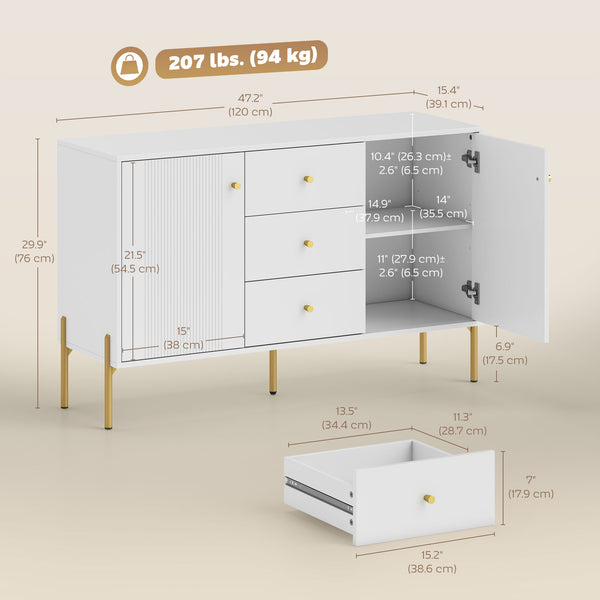 Modern storage buffet with 3 soft-close drawers and 2 adjustable shelves, white
