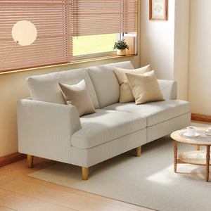 Three-seater sofa upholstered in modern corduroy, thick spring cushions, solid wood legs and armrests, beige
