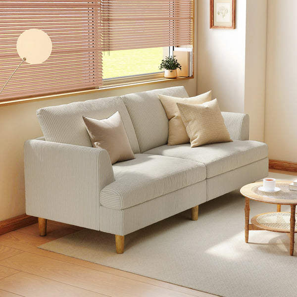 Three-seater sofa upholstered in modern corduroy, thick spring cushions, solid wood legs and armrests, beige