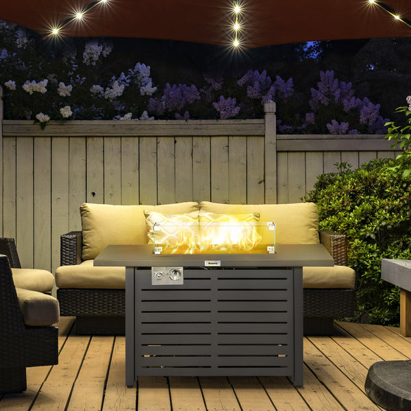 Foyer d'extérieur au gaz propane avec plateau en acier, pare-vent en verre et couvercle, idéal pour terrasse ou jardin