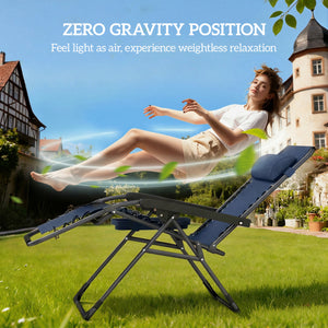 Set of 2 Zero Gravity Outdoor Lounge Chairs, Folding and Reclining, with Cup Holder and Headrest, Dark Blue