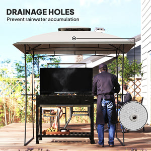 Two-tier barbecue gazebo with 2 side shelves and a hook, light grey