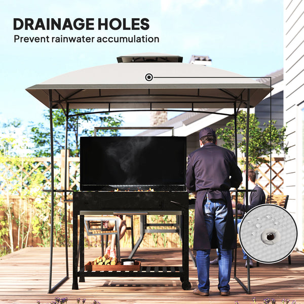 Two-tier barbecue gazebo with 2 side shelves and a hook, light grey