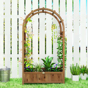 Raised planter with arched trellis, dark brown wood
