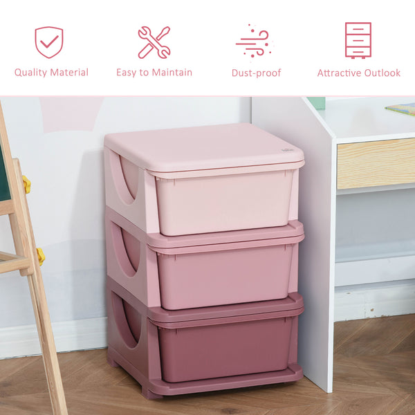3 Drawer Plastic Kids Toy Organizer, Pink