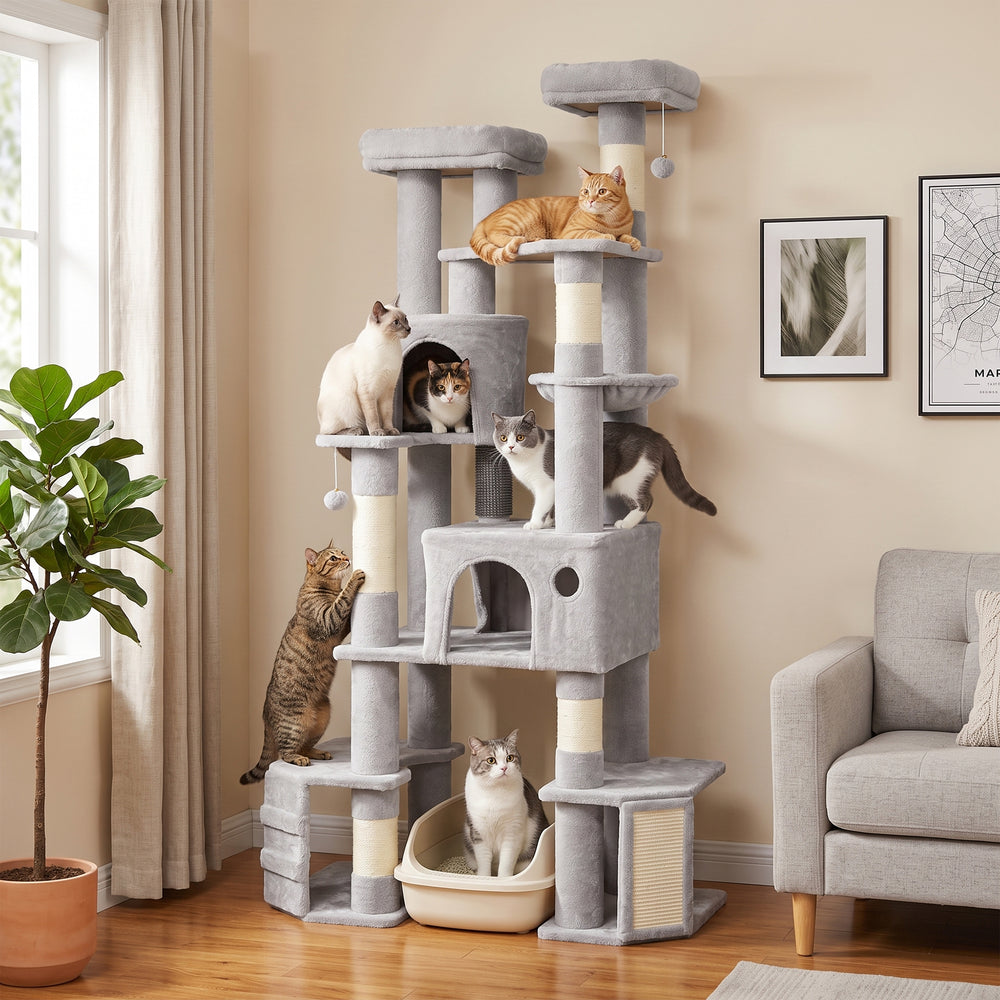 79-inch 5-level giant cat tree with 2 condos, hammock and scratching posts, gray