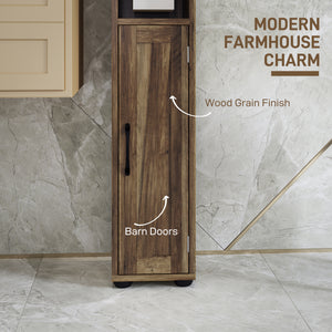 Narrow bathroom vanity, tall with barn doors, drawer and adjustable shelves, brown wood look