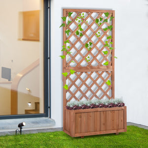Raised pine planter with trellis for climbing plants and flowers