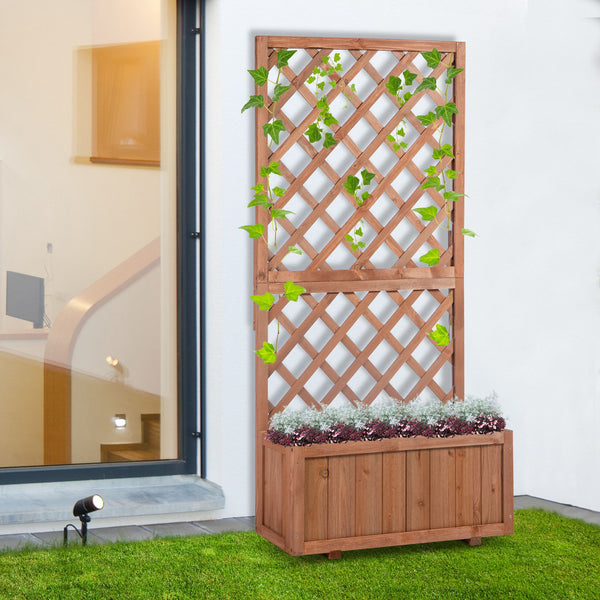 Raised pine planter with trellis for climbing plants and flowers