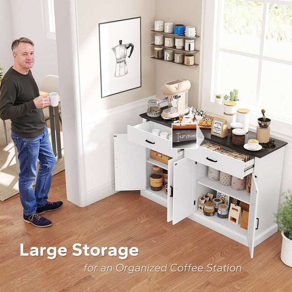 55" Country Style Sideboard with Top, 4 Barn Doors, 2 Drawers and 2 Adjustable Shelves, White