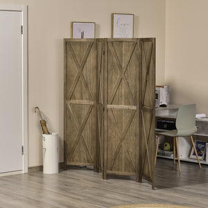 4 Panel Farmhouse Style Room Divider with Wood Frame, Brown
