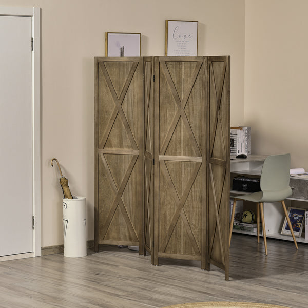4 Panel Farmhouse Style Room Divider with Wood Frame, Brown