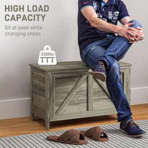 Farmhouse style storage chest, 100° opening safety hinge, grey wood grain