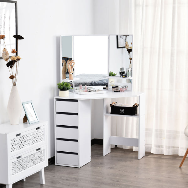 Corner dressing table with 3-piece mirror and 5 drawers, white