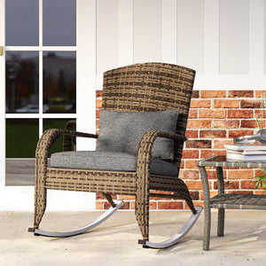 Adirondack Chair, Outdoor Wicker Rocking Chair with High Back, Seat Cushion and Pillow for Porch, Balcony, Grey/Yellow