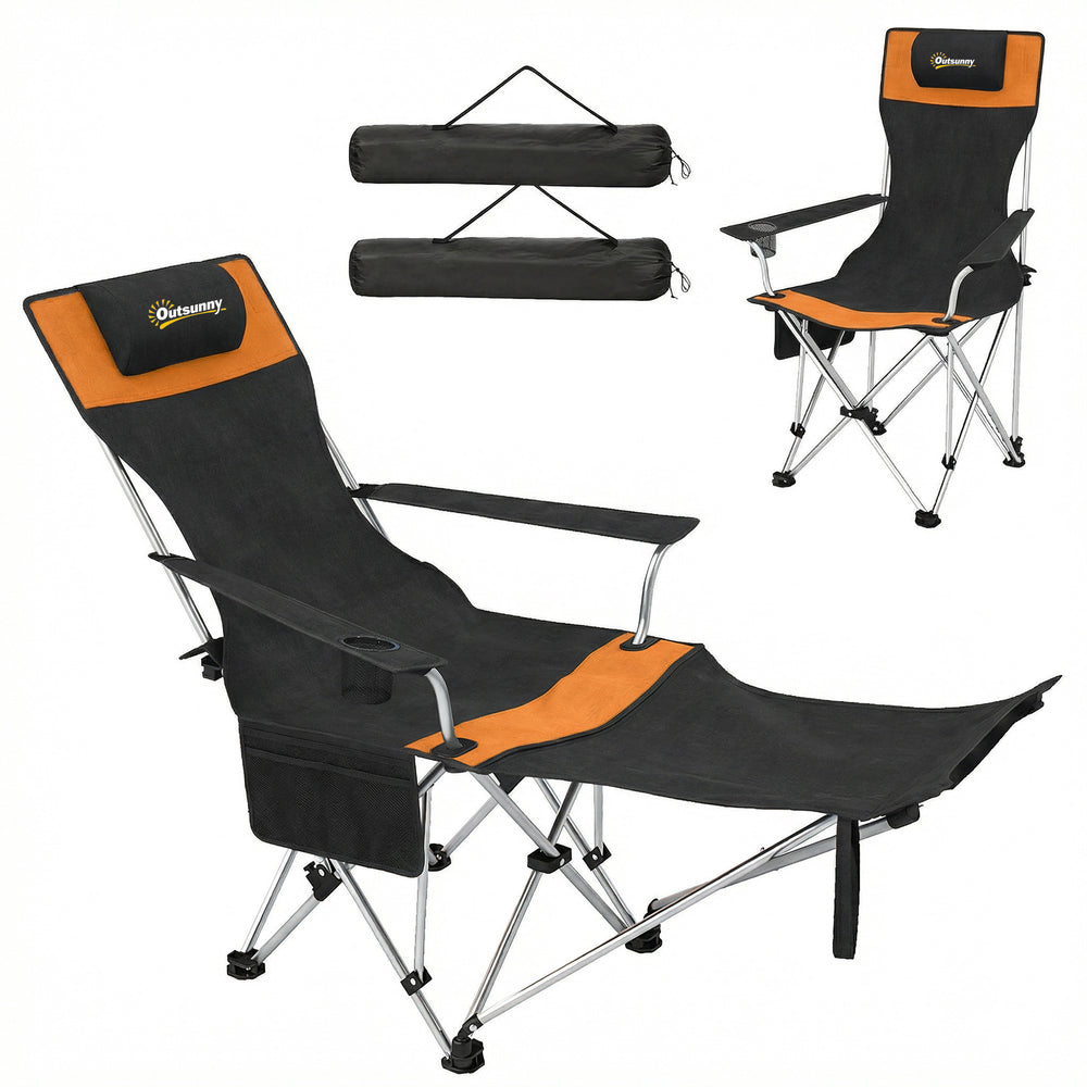 Set of 2 Reclining Camping Chairs with Footrests, Foldable with Headrest, Cup Holder, and Storage Bag, Orange