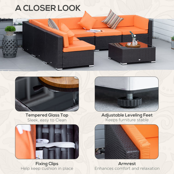 Modular 7-piece garden set in woven resin with coffee table, orange
