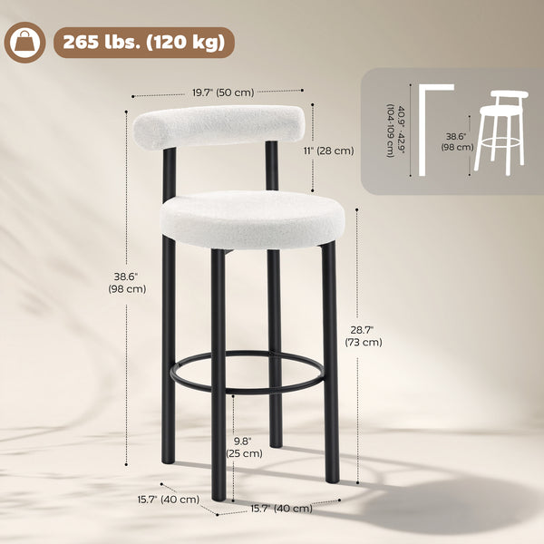Set of 2 sherpa-padded bar stools with backrest and footrest for kitchen island