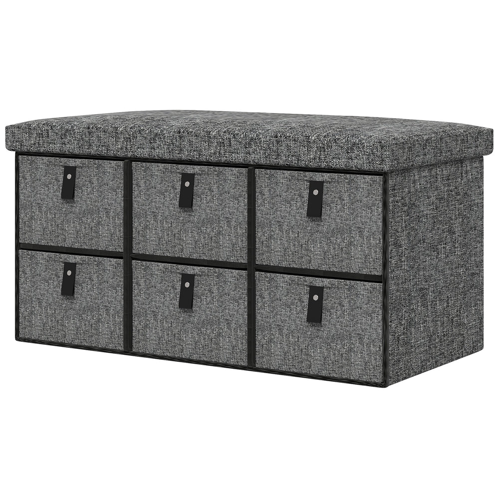 Shoe bench with cushion and 6 fabric drawers, anthracite grey