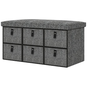 Shoe bench with cushion and 6 fabric drawers, anthracite grey
