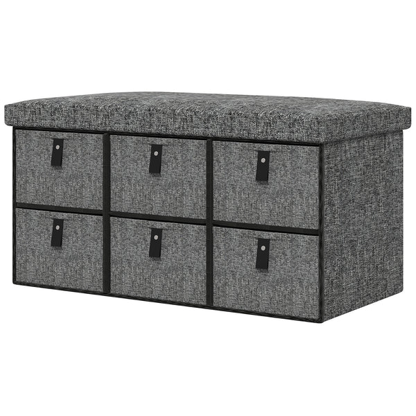Shoe bench with cushion and 6 fabric drawers, anthracite grey
