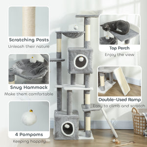 65-inch Cat Tree with 2 Doors, Plush Perch, Hammock, Sisal Scratching Posts, Grey
