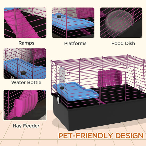 Small animal cage with water bottle, food bowl, platform, and ramp, black