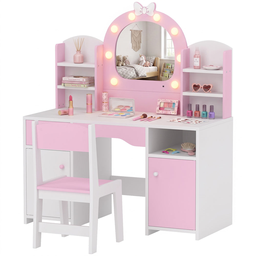 Kids hairdresser with lighted mirror and seat, pink