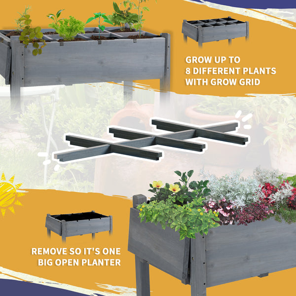 Raised garden bed with 8 compartments and storage shelf, grey