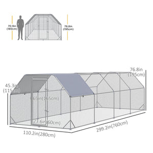 Galvanized metal chicken coop with flat roof and tarp