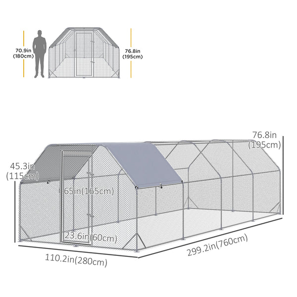 Galvanized metal chicken coop with flat roof and tarp