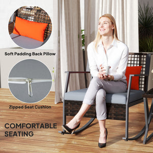 Wicker Rocking Bistro Set with Cushions and Glass Table, Grey