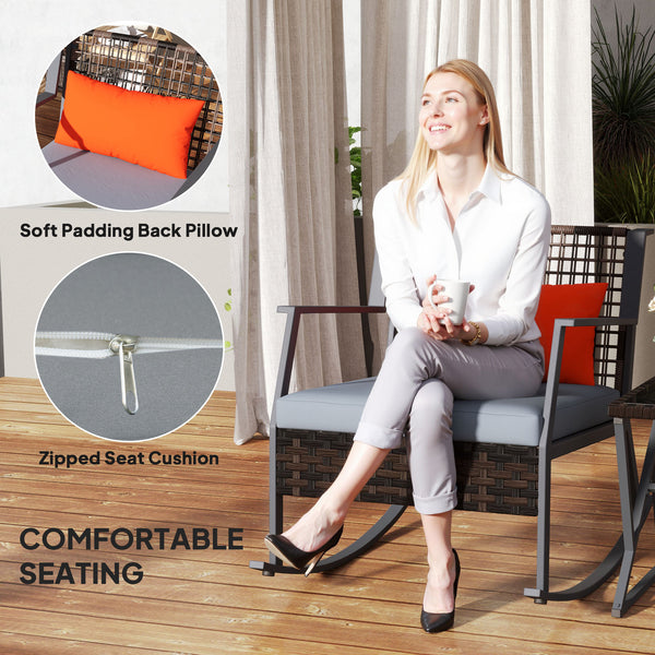 Wicker Rocking Bistro Set with Cushions and Glass Table, Grey