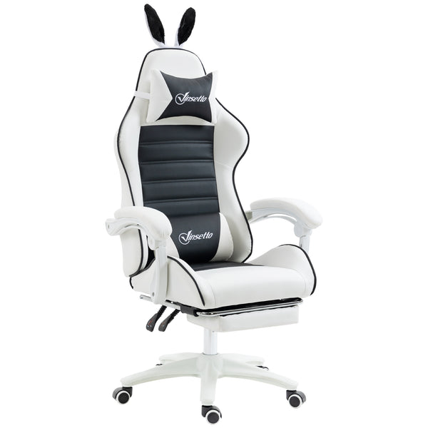 PU leather gaming chair with footrest, headrest and lumbar support, white and black