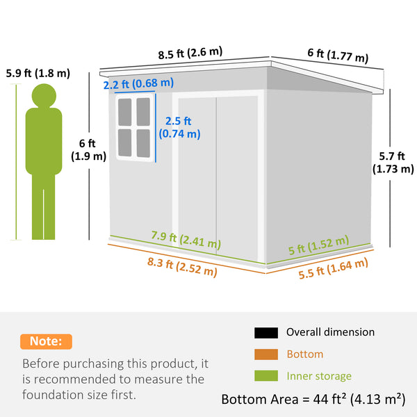 Galvanized steel garden shed with window, wide lockable doors and ventilation, grey