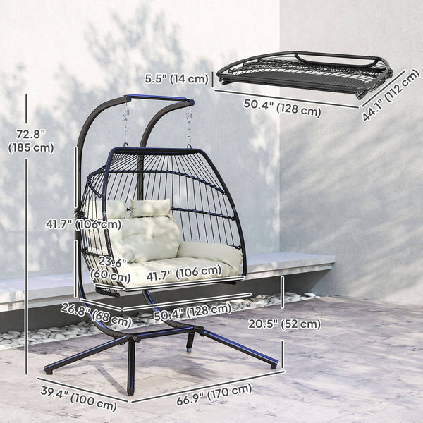 double wicker swing with hanging stand, UV-resistant cushion, cream white