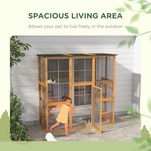 Wooden cat cage with 6 balanced platforms and asphalt roof, orange